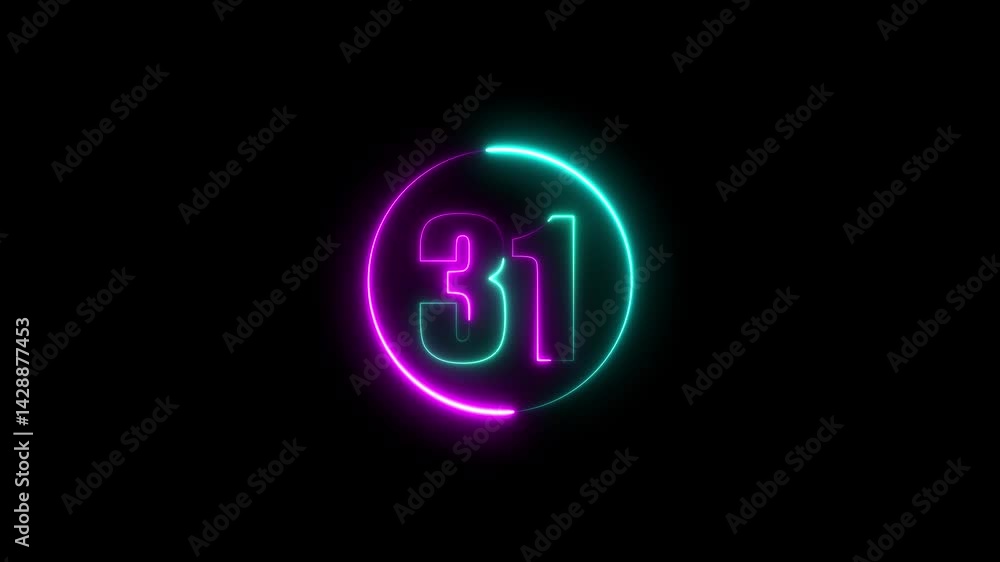 A circle with a purple neon icon on a black background and the text 31 in the middle of it. A circle with a purple neon icon on a black background and the text 31 in the middle of it.