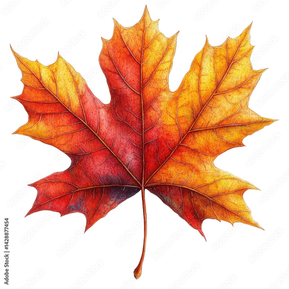 Obraz premium Vibrant Maple Leaf: A captivating, colorful close-up of a single maple leaf, showcasing the exquisite details of autumn and the beauty of nature.