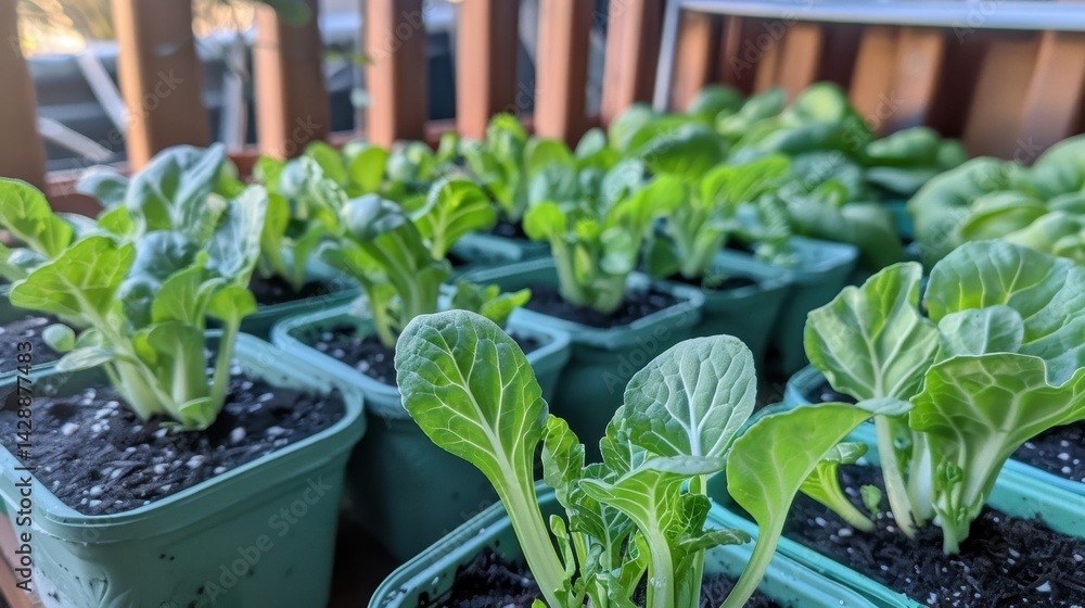 Fototapeta premium Fresh green vegetable seedlings growing in container garden