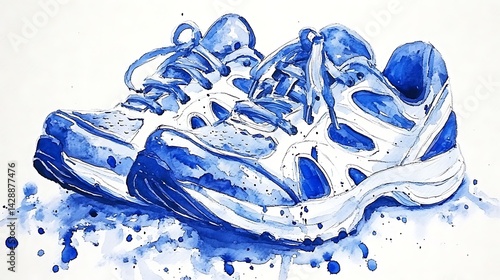 Watercolor painting of a pair of blue and white athletic shoes, resting on a white background. The shoes are detailed, showing laces and textures. Blue watercolor splatters surround the shoes, adding