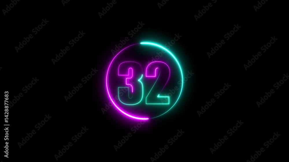A circle with a purple neon icon on a black background and the text 32 in the middle of it. A circle with a purple neon icon on a black background and the text 32 in the middle of it.