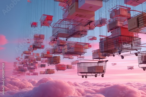 Floating Shopping Carts and Packages in a Dreamlike Sky Setting