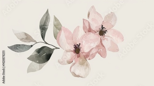 Delicate pink watercolor flowers with green leaves on light background