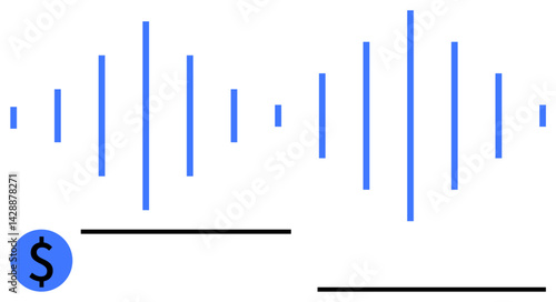 Blue audio waveform lines paired with a dollar icon and horizontal lines. Ideal for finance, technology, creativity, audio branding, podcasting, value representation, flat simple metaphor