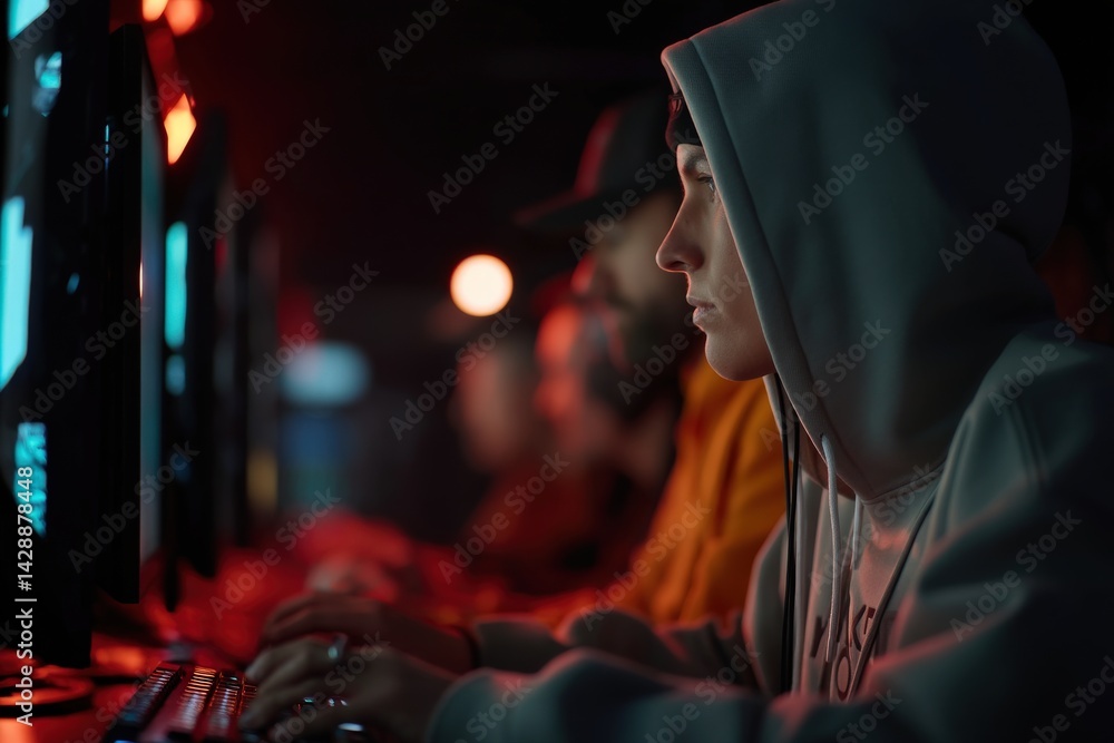 Focused Gamer Concentrating on Game Strategy in Dark Environment