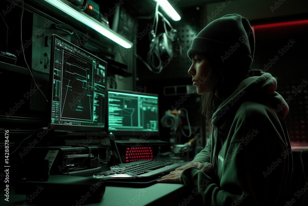 Focused Female Programmer Working in Dark Tech Environment