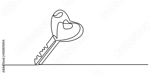 Key to Love Web Banner with Continuous Line Icon, Love Keys Black Stroke Linear Icon, Continuous one line drawing of a heart shaped lock and key. Vector illustration, Key with heart in single minimal.