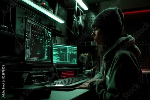 Focused Female Programmer Working in Dark Tech Environment