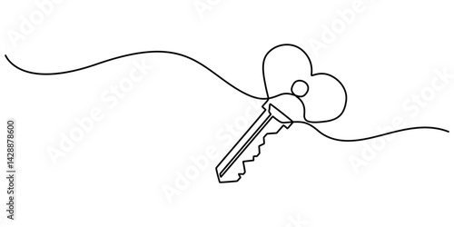 Key to Love Web Banner with Continuous Line Icon, Love Keys Black Stroke Linear Icon, Continuous one line drawing of a heart shaped lock and key. Vector illustration, Key with heart in single minimal.