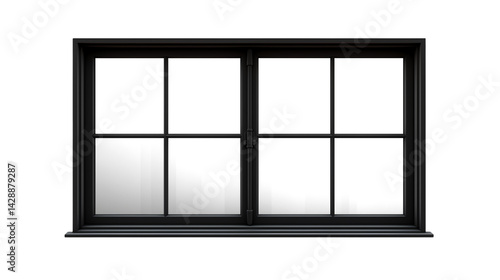 A black framed window with eight panes against a dark background space isolated on transparent background	
