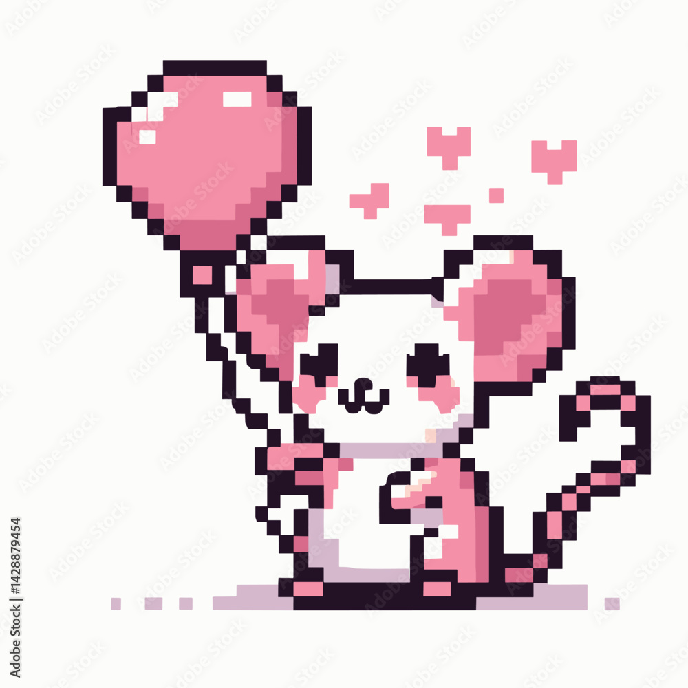 Fototapeta premium Pixel Art Mouse Holding Pink Balloon with Heart Accents in Cute Style