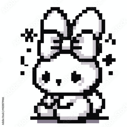 Cute Pixel Art Bunny with Bow - Retro Black and White Illustration