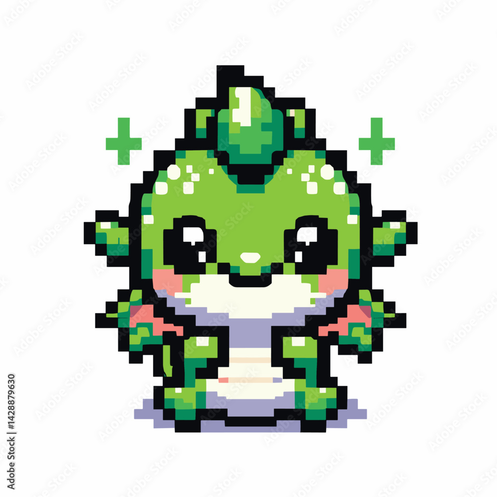 Fototapeta premium Cute Green Pixel Dinosaur Illustration with Playful Features