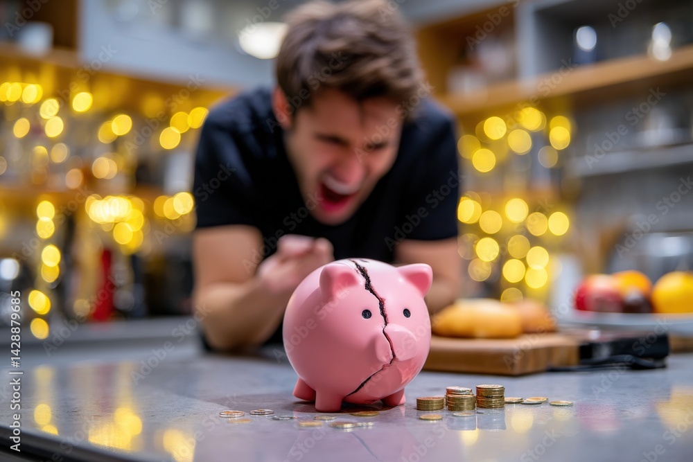 Frustrated Man Shouting at Broken Piggy Bank in Cozy Kitchen Scene