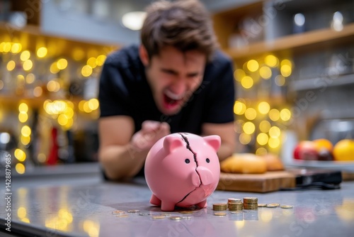 Obraz na płótnie Frustrated Man Shouting at Broken Piggy Bank in Cozy Kitchen Scene w salonie