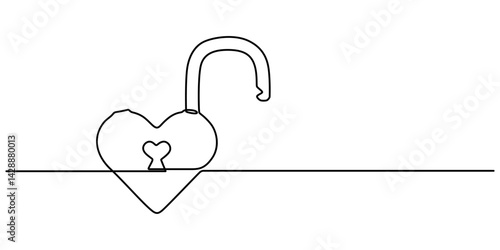 Continuous line drawing heart shaped lock. Love concept. Vector illustration, lock continuous one line drawing minimalist single line art, padlock with key hole. Padlock shaped love line art vector. 