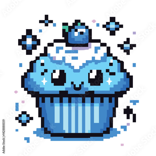 Cute Pixel Art Blueberry Cupcake with Happy Face and Sparkles