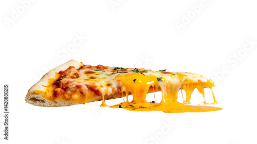 Template with delicious tasty slice of pepperoni pizza flying on white background. Generative AI