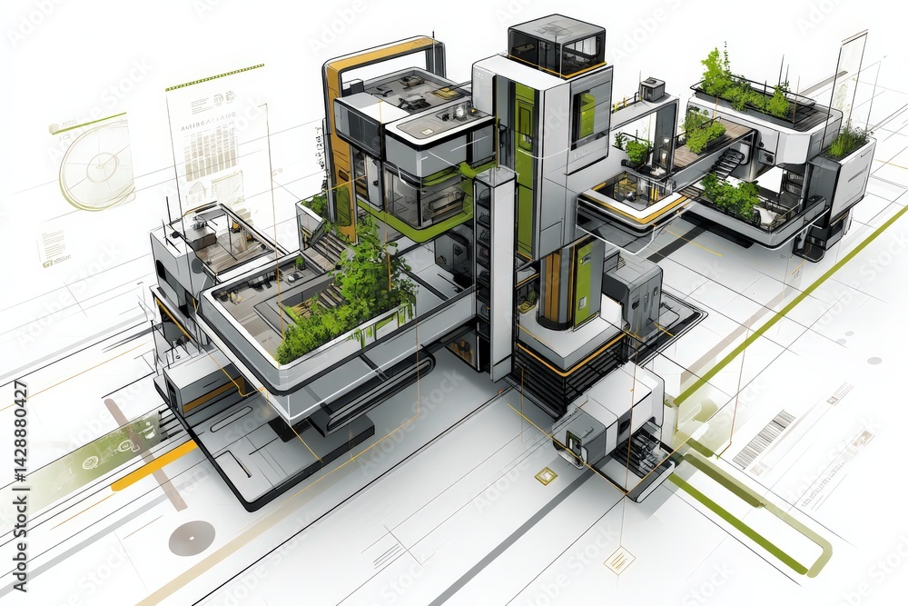 Futuristic Architectural Design with Green Elements and Clean Lines