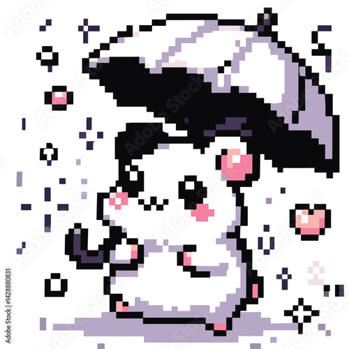 Cute Pixel Art Hamster with Umbrella in Rain