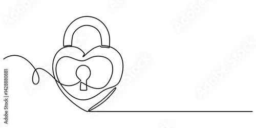 Continuous line drawing heart shaped lock. Love concept. Vector illustration, lock continuous one line drawing minimalist single line art, padlock with key hole. Padlock shaped love line art vector. 
