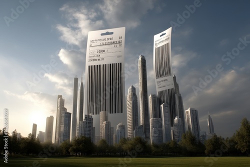 Obraz na płótnie Futuristic Cityscape with Giant Barcodes Tall Buildings and Nature w salonie