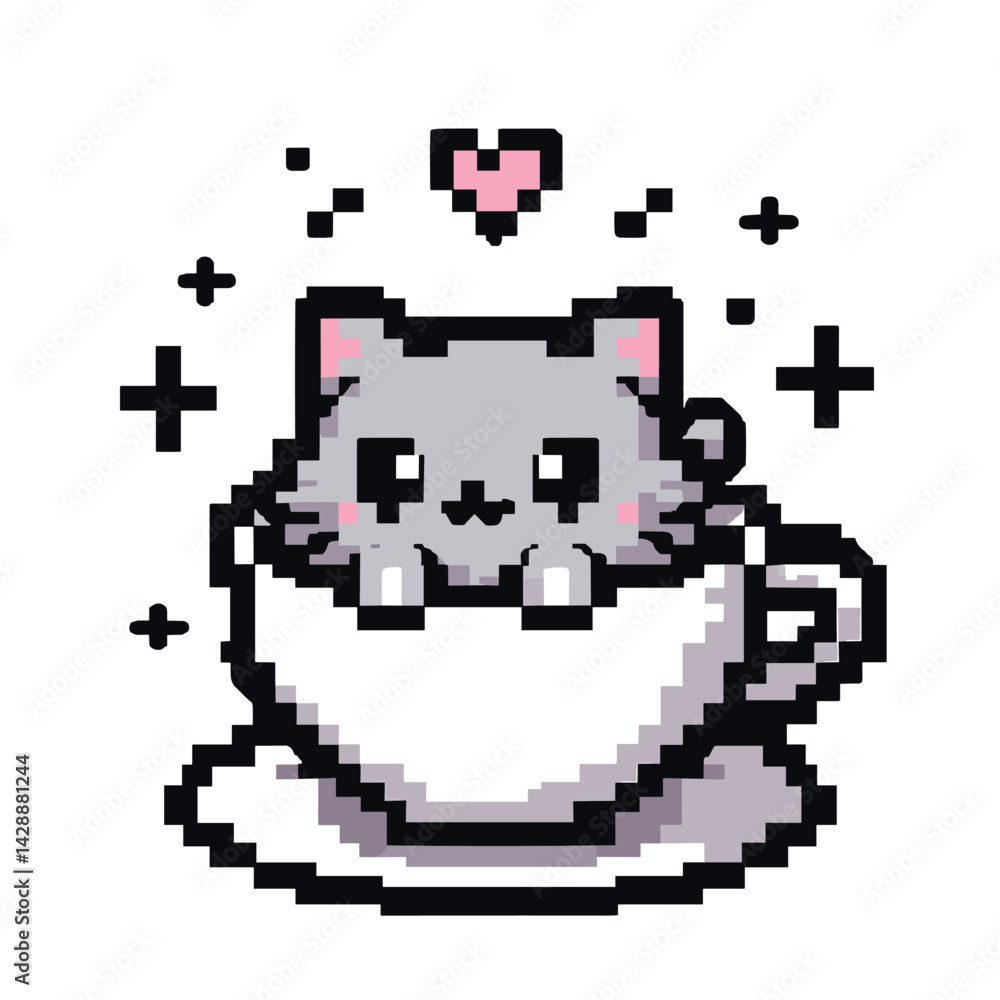 Fototapeta premium Cute Pixel Art Cat in a Teacup with Heart and Stars