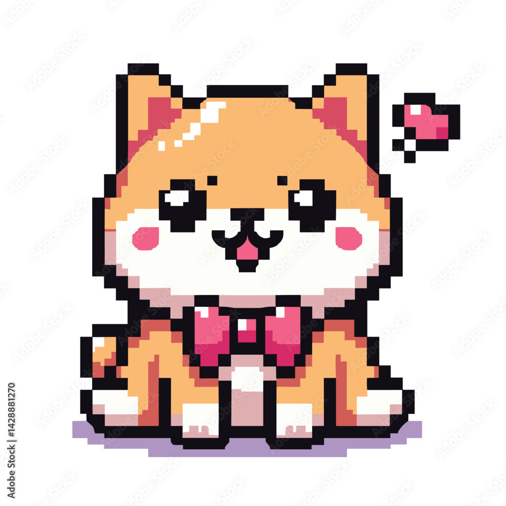 Fototapeta premium Cute Pixel Art Dog with Bow Tie and Heart