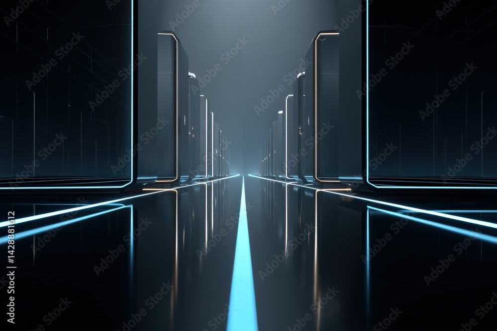 Futuristic Corridor with Neon Lights and Reflections in Digital Space
