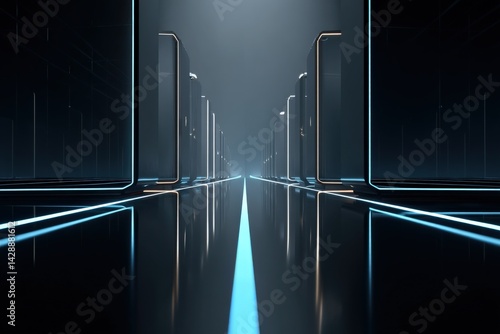 Obraz na płótnie Futuristic Corridor with Neon Lights and Reflections in Digital Space w salonie