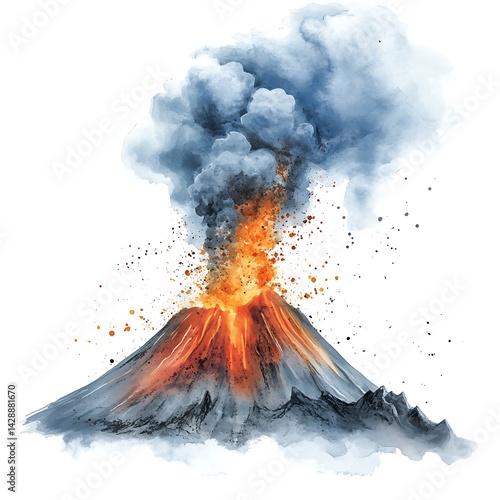 Wallpaper Mural Volcanic eruption illustration with intense orange and red lava, dark grey ash and smoke billowing against a white background. The image is digitally painted with visible texture and a watercolor Torontodigital.ca