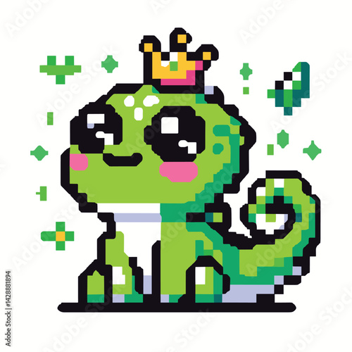 Pixel Art Crowned Chameleon with Butterflies and Sparkles