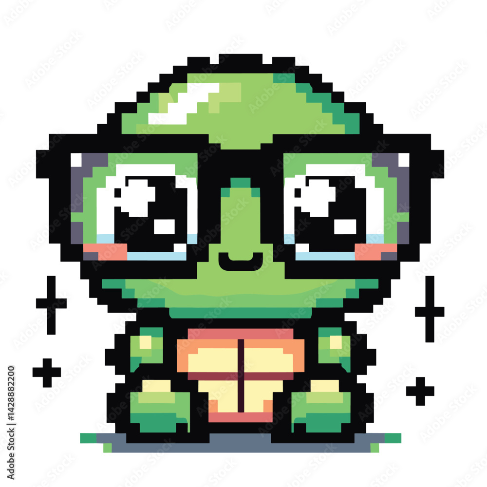 Obraz premium Adorable Pixel Art Turtle with Glasses - Cute Retro Style Cartoon