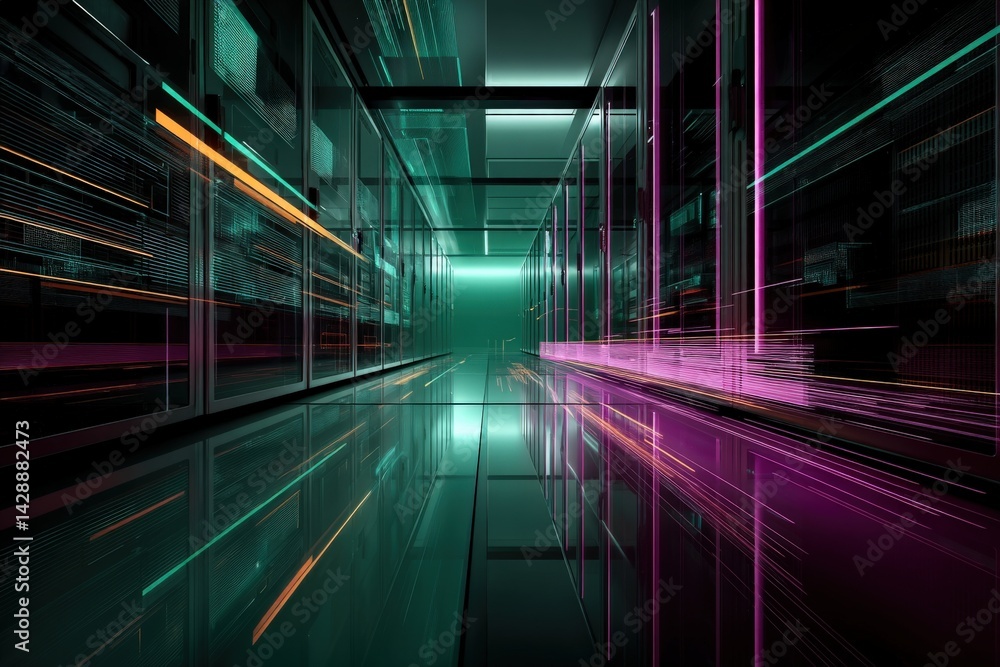 Futuristic Data Center with Colorful Light Trails in Dark Environment