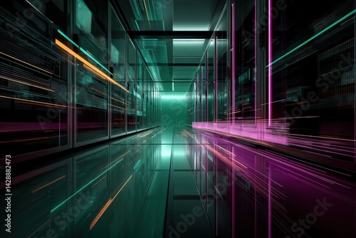 Obraz na płótnie Futuristic Data Center with Colorful Light Trails in Dark Environment w salonie