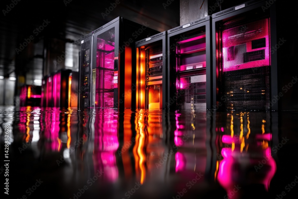 Futuristic Data Center with Colorful Lights and Reflections in Water