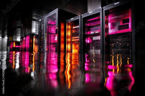 Obraz na płótnie Futuristic Data Center with Colorful Lights and Reflections in Water w salonie