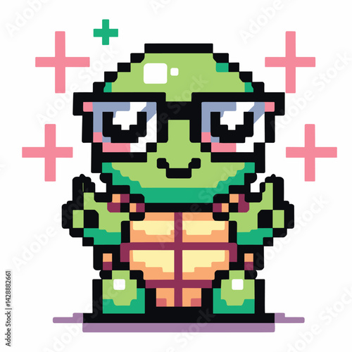 Pixel Art Nerdy Turtle with Glasses and Sparkles