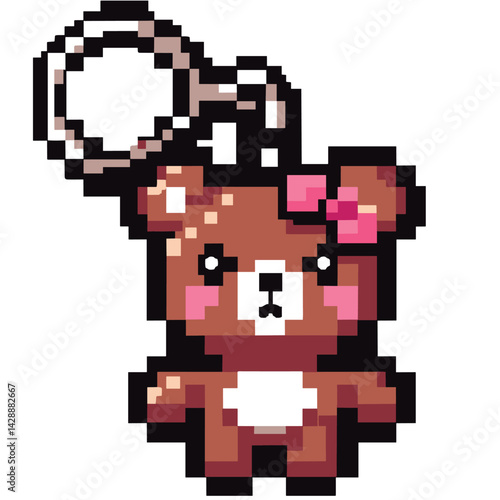 Pixel Art Teddy Bear Keychain with Pink Bow - Adorable Retro Design