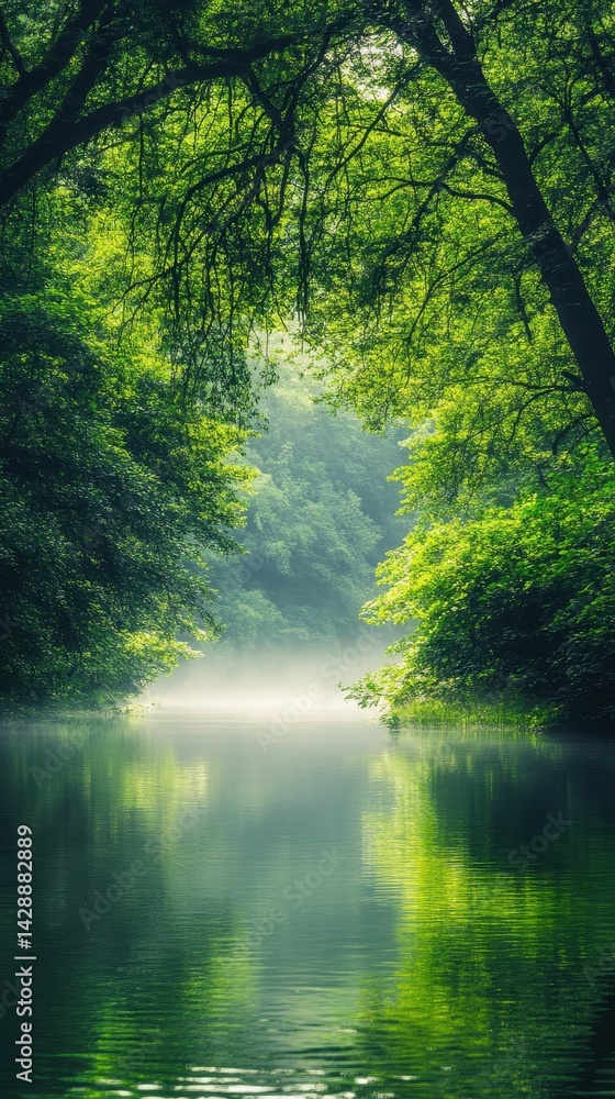 Serene river mist, lush green foliage, tranquil scene. Serene river mist, lush green foliage, tranquil scene.