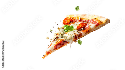 Template with delicious tasty slice of pepperoni pizza flying on white background. Generative AI