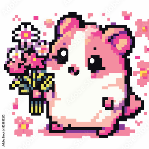 Cute Pixel Art Hamster Holding Flowers in Retro 8-Bit Style