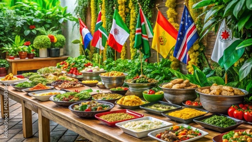 A Bountiful International Food Buffet Displayed Amidst Lush Greenery and Flags Representing Diverse Cultures