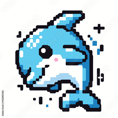 Playful Blue Dolphin Pixel Art Illustration for Retro Gaming Aesthetics