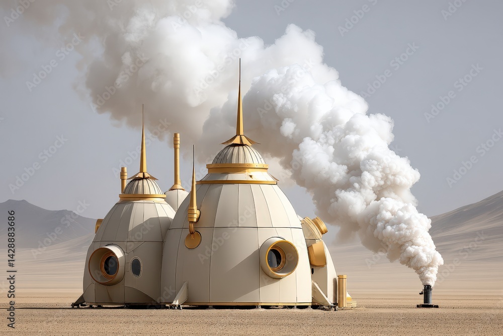 Futuristic dome structures with steam in a barren desert landscape
