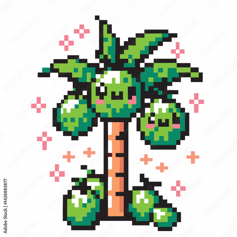 Fototapeta premium Pixel Art Coconut Palm with Smiling Faces and Pink Flowers