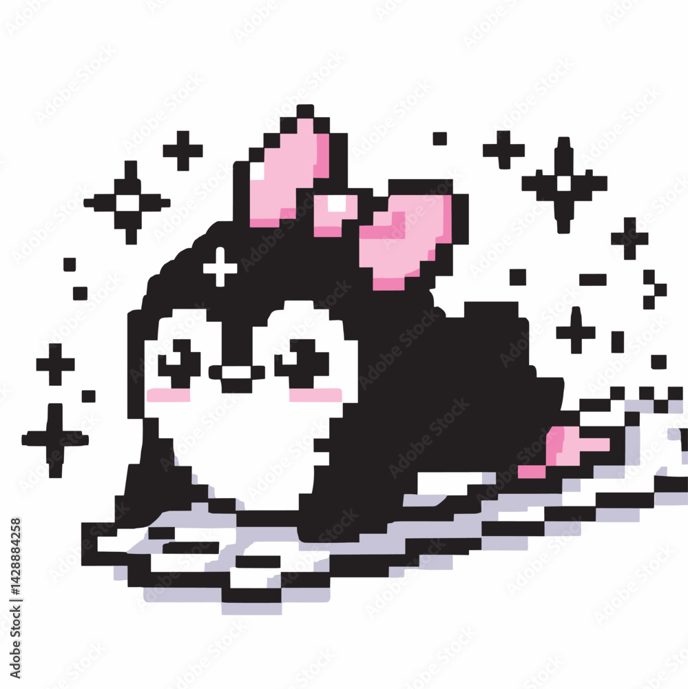 Fototapeta premium Cute Pixel Art Penguin with Pink Bow Illustration
