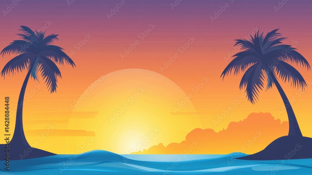 Sunset ocean scene; palm trees, tranquil waves. Sunset ocean scene; palm trees, tranquil waves.