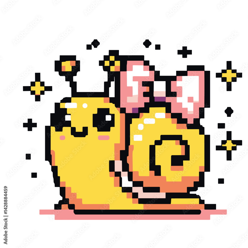 Fototapeta premium Cute Pixel Art Snail with Bow and Sparkles