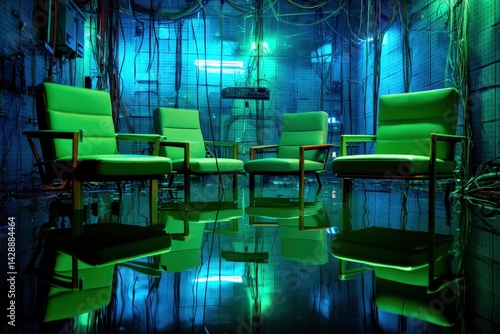 Obraz na płótnie Futuristic Green Chairs on Reflective Surface in Neon-Cooled Room w salonie